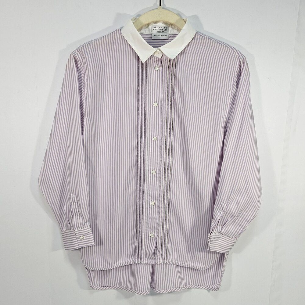 Brunello Cucinelli Girls Purple Striped Monili Bead Cotton Silk Blouse Size 10